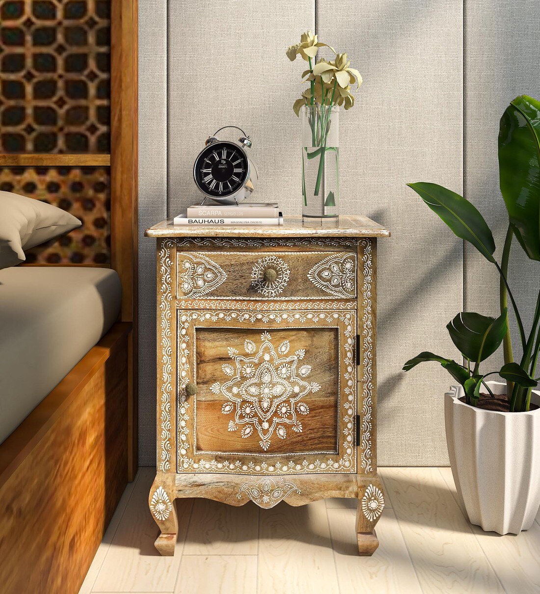 Buy Anant Solid Wood Bedside Table In Natural Mango Wood Finish With