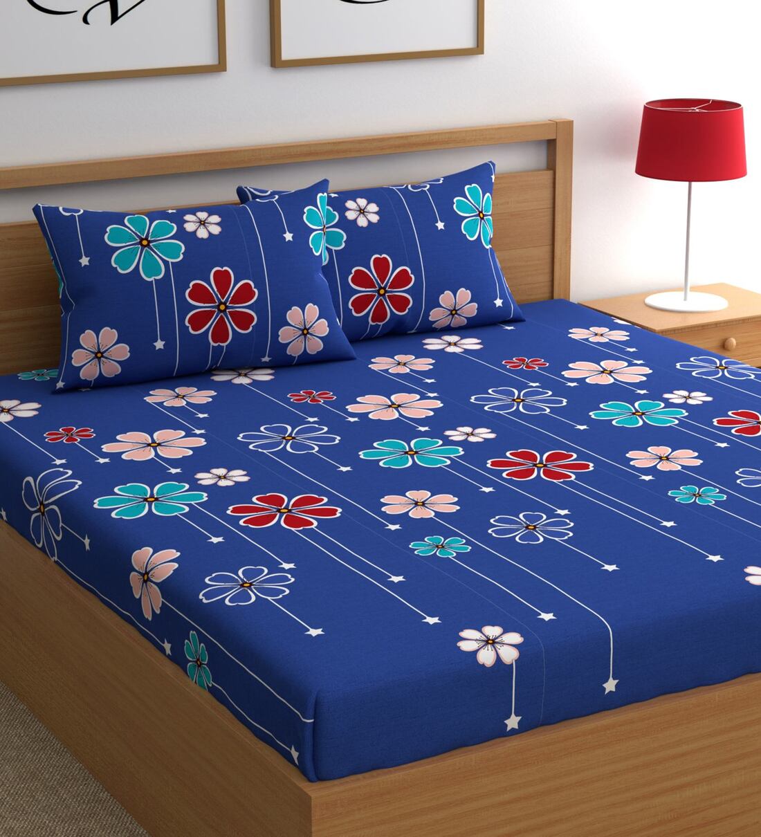 Buy Blue Floral Tc Microfiber Double Queen Bedsheet With Pillow