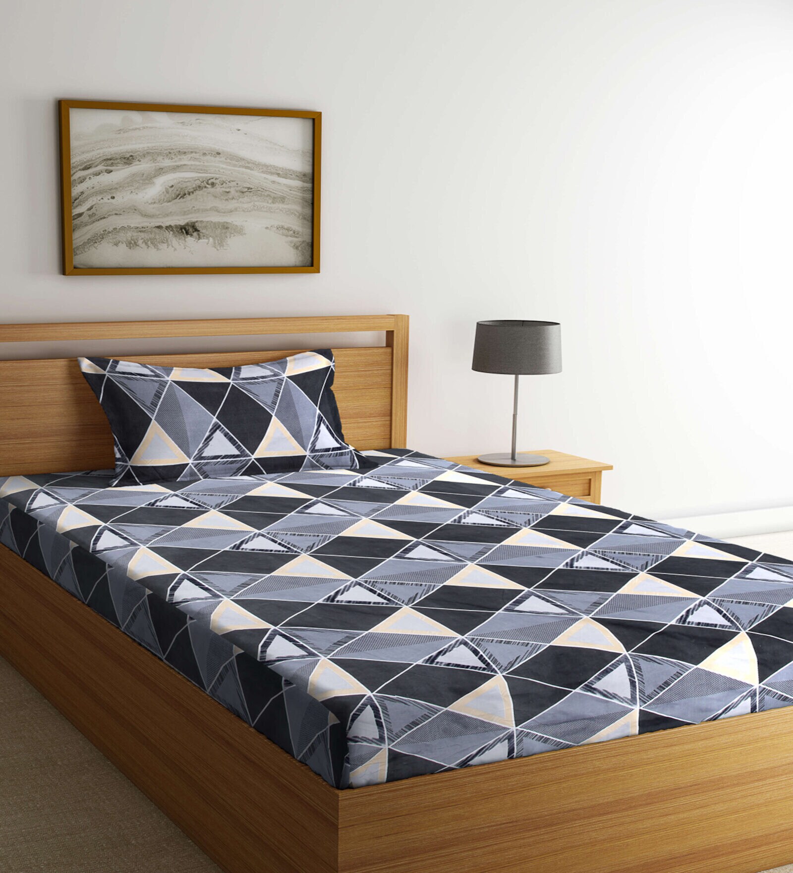 Buy Grey Geometric 300 TC Cotton Blend Single Bedsheet With 1 Pillow