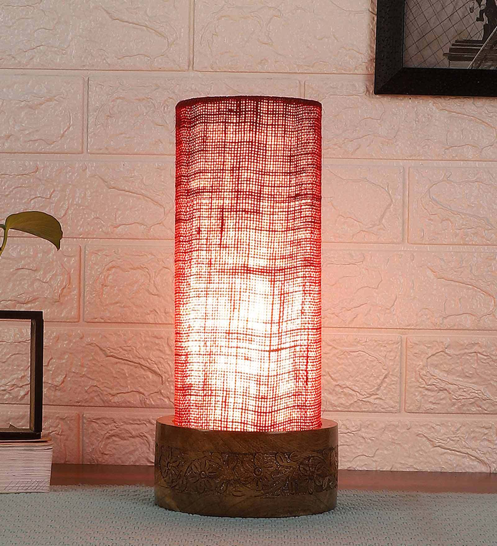 Buy Maroon Jute Shade Table Lamp With Wood Base By New Era At 69 OFF