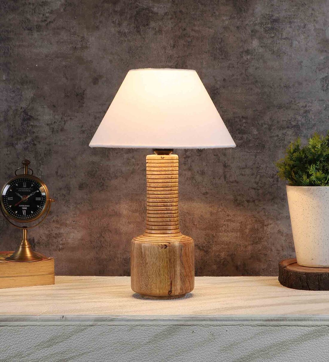 Buy Mace Off White Cotton Shade Night Lamp With Wood Base By The