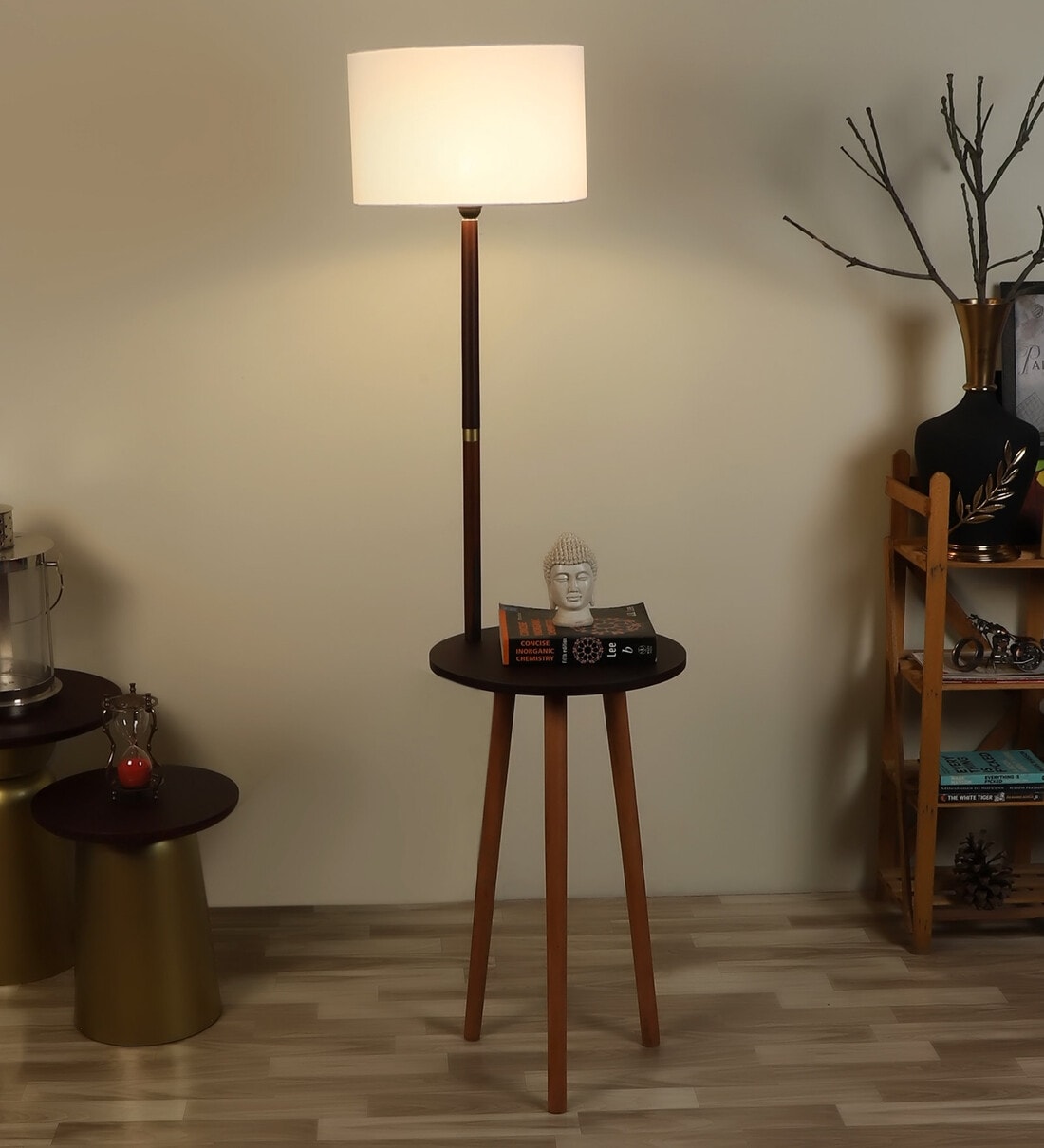 Buy White Cotton Shade Shelf Floor Lamp With Walnut Base By Pristine