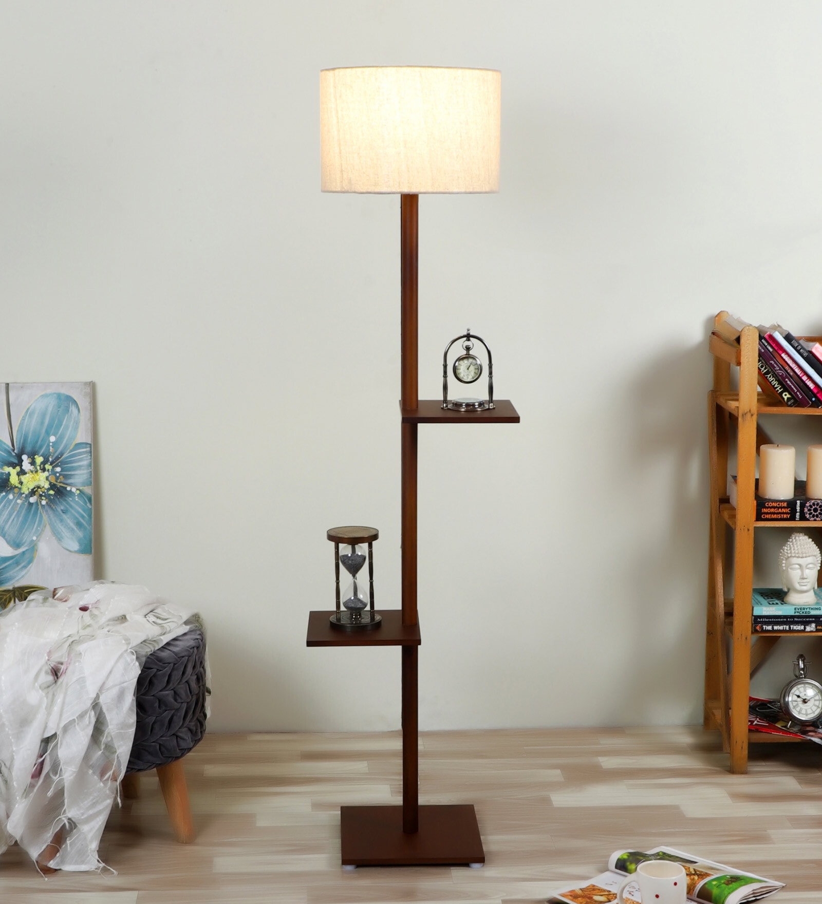 Buy White Jute Shade Shelf Floor Lamp With Walnut Base By Pristine