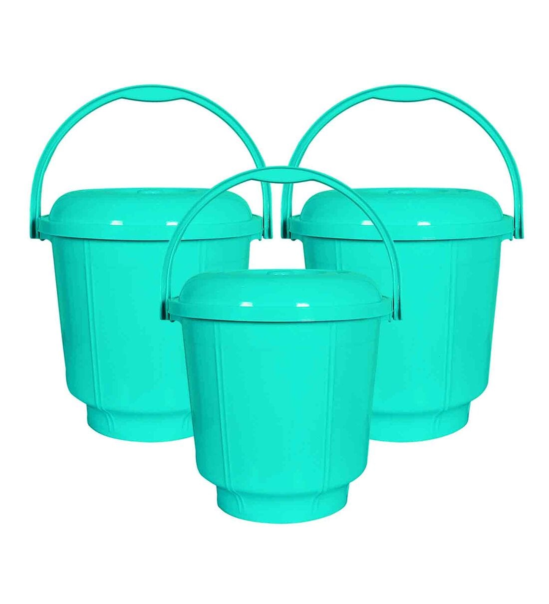 Buy 13 Ltrs Mint Green Plastic Bucket with Lid (Set of 3) By Kuber