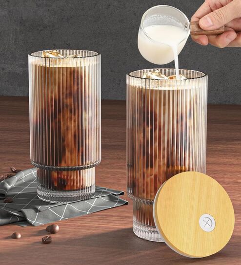 500ml Ribbed Glass Coffee Tumbler with Wooden Lid & Straw Offers & Cashback