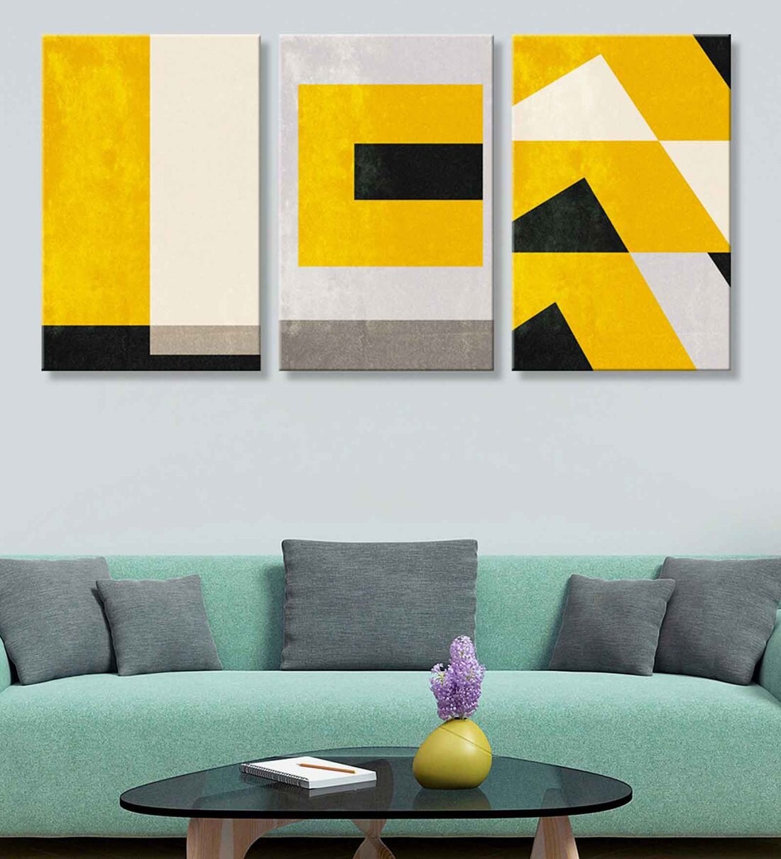 Buy French Yellow Cotton Canvas Framed Abstract Art Print Set of 3 ...