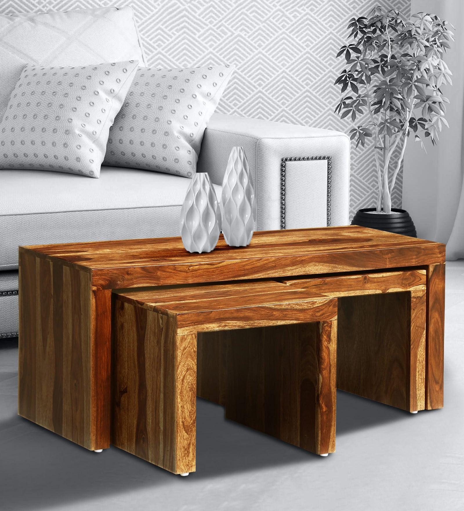 Buy Acropolis Sheesham Wood Nesting Coffee Table Set In Rustic Teak