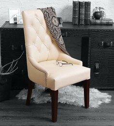 Accent Chair in Genuine Leather with Tufted Back in Cream Colour