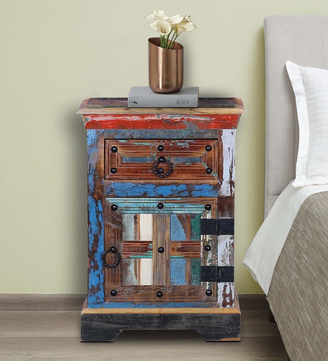 Buy Adele Reclaimed Wood Bedside Table In Distress Finish With Drawers Online Eclectic Bed