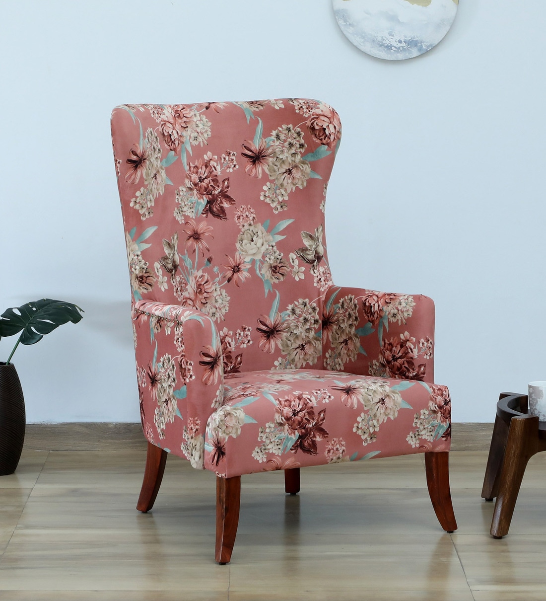 Buy Adger Velvet Wing Chair in Scratch Resistant Honey Oak Finish at 13
