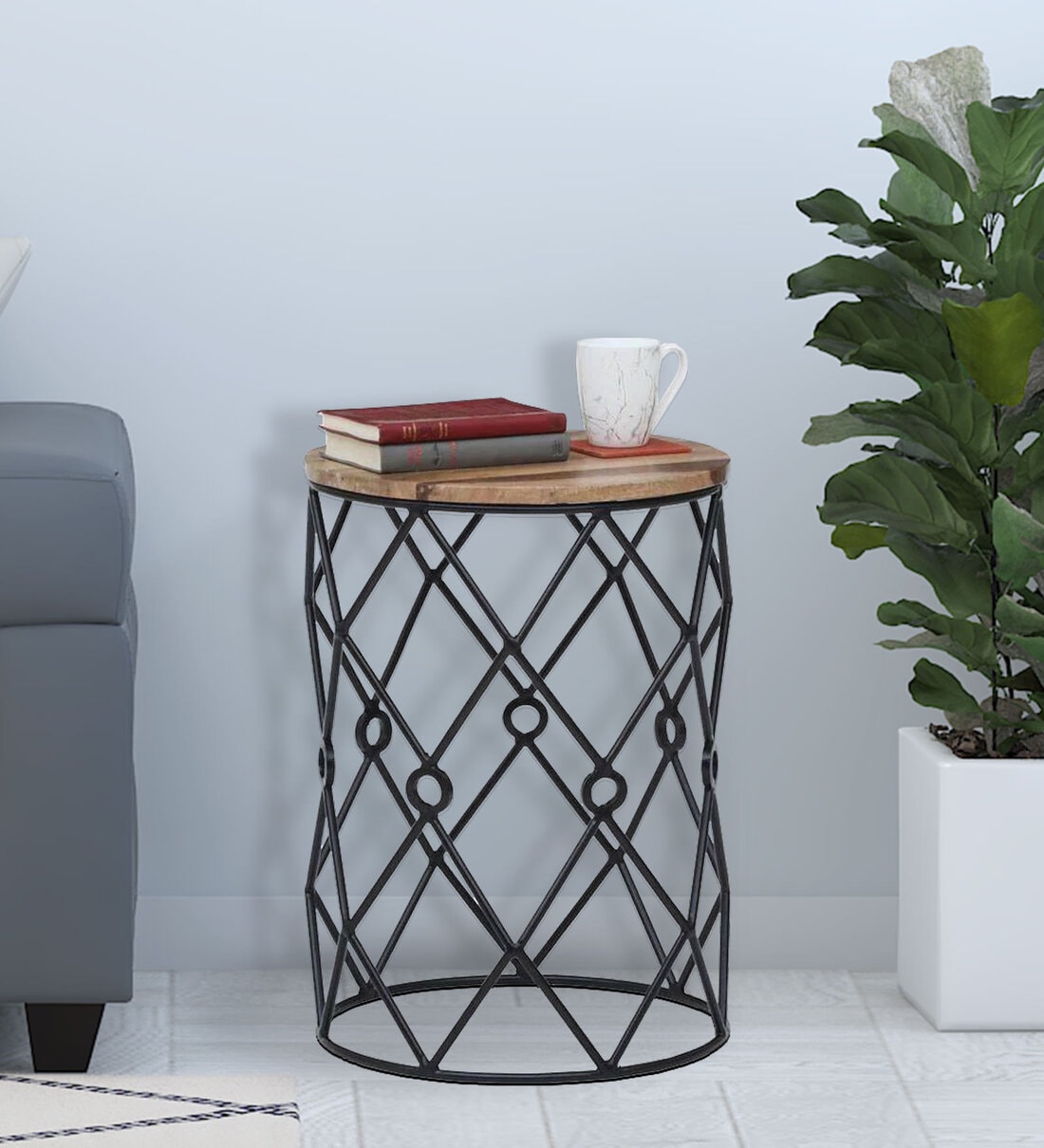 Buy Adler Metal Round End Table In Natural Wood Finish Online