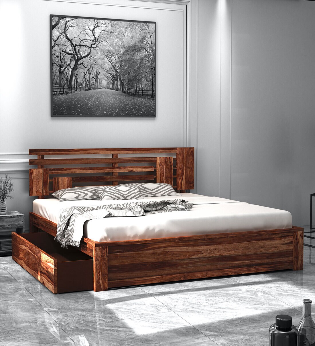 Buy Aelinia Sheesham Wood King Size Bed in Brown Finish with Drawer