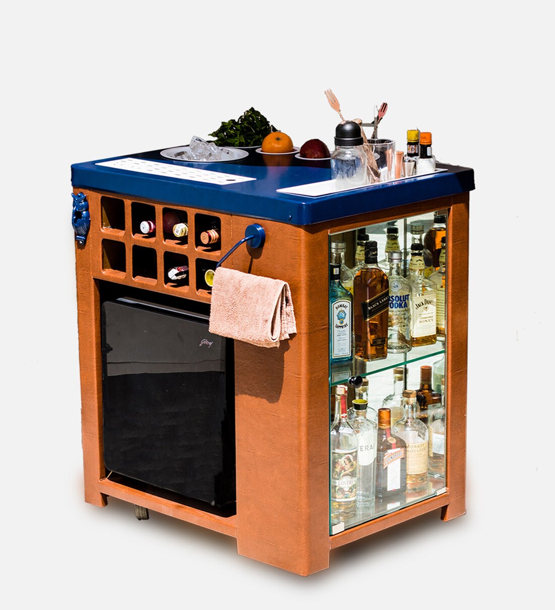 Buy AllInOne Bar with builtin Fridge In Tan Leather & Blue Colour at 16 OFF by HAUS