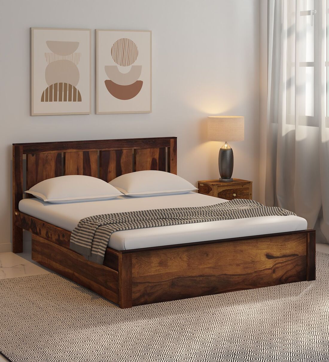 Buy Amarillo Sheesham Wood Queen Size Bed With Drawer Storage In
