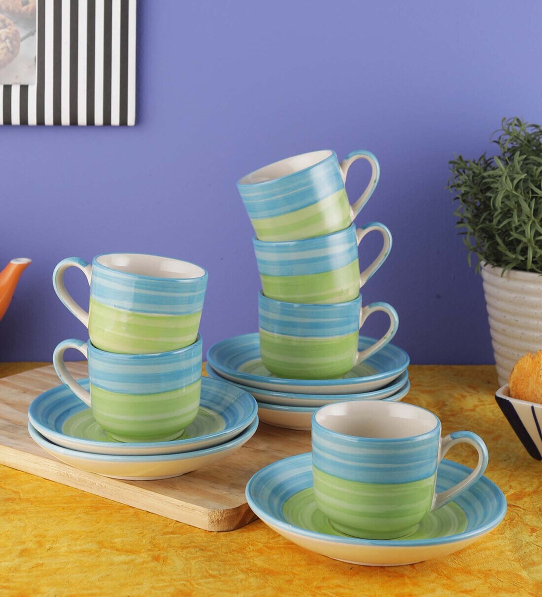 Buy Ananda 130ml Green & Blue Ceramic (Set of 12) Tea Cup & Saucer Set