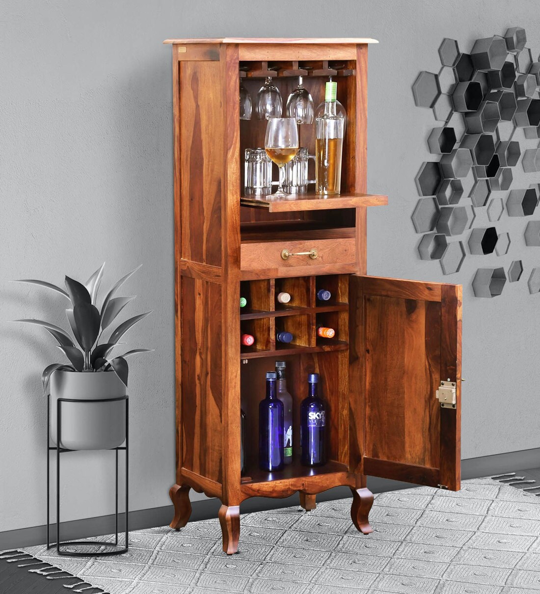 Buy Anne Sheesham Wood Bar Unit in Rustic Teak Finish Online Bar
