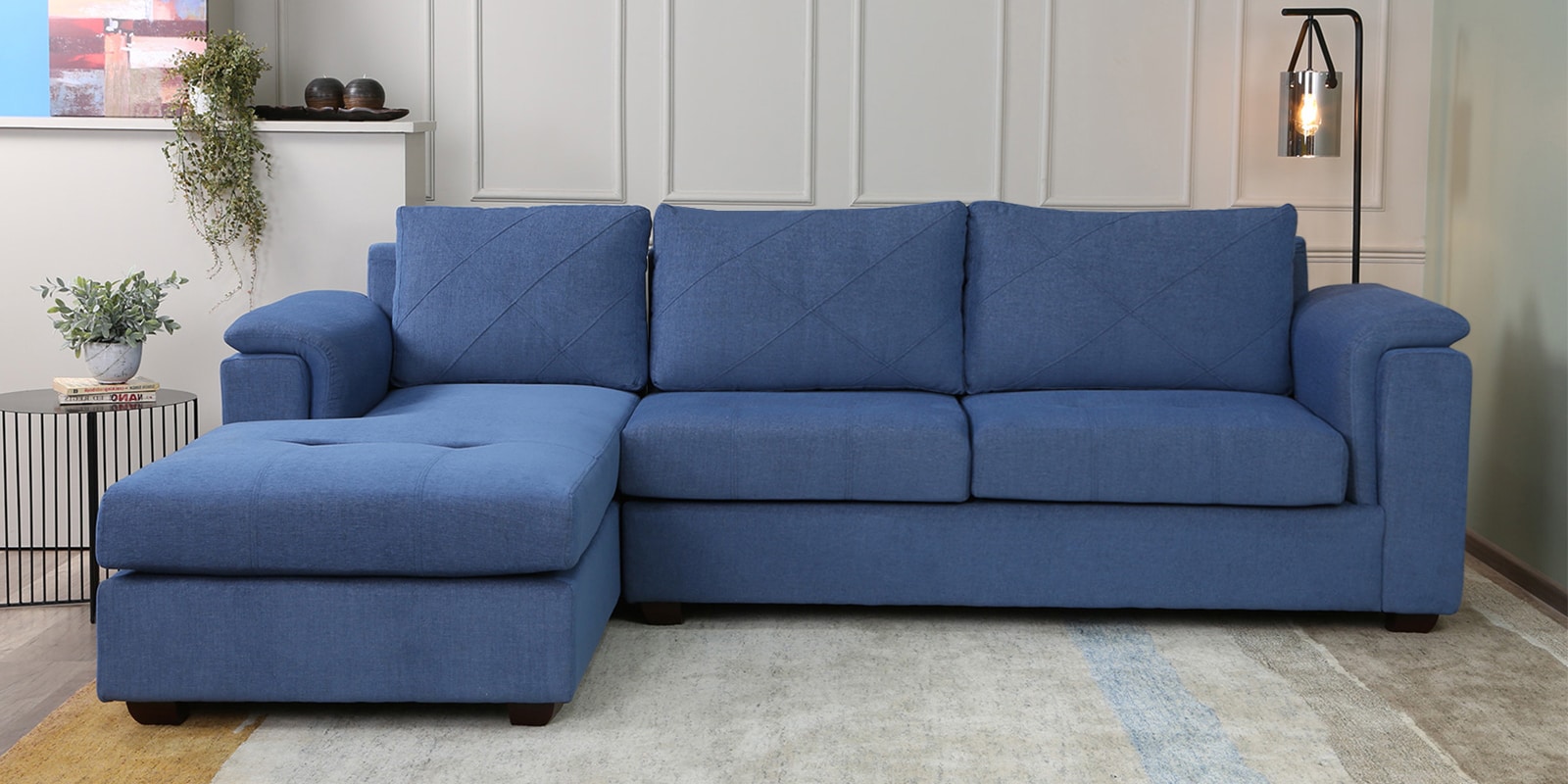 Buy Andres Fabric RHS Sectional Sofa (3 + Lounger) in Denim Blue Colour