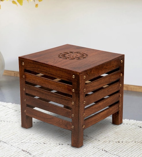 Antique Solid Wood Foot Stool In Brown Colour
