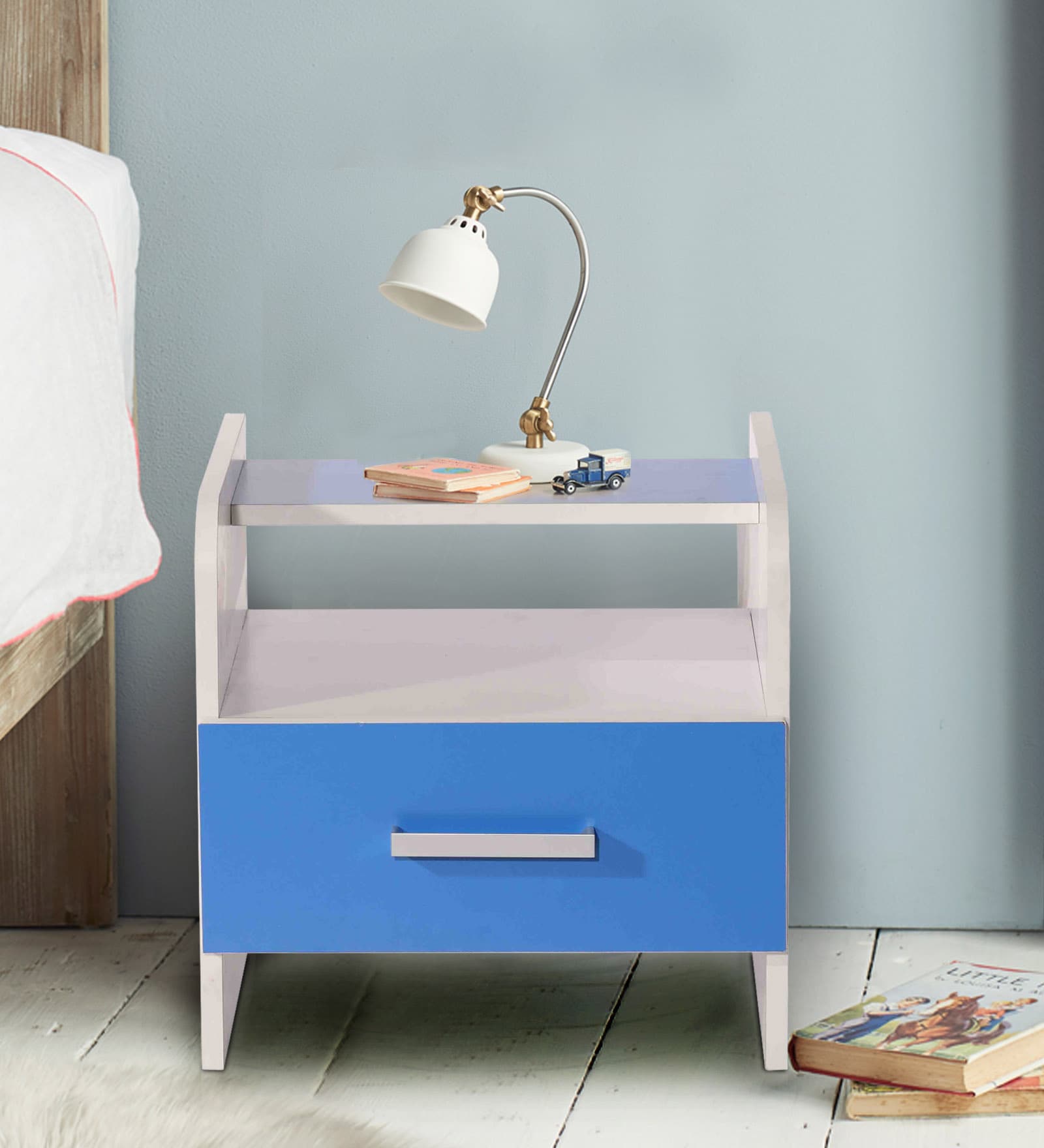 Buy Aqua Bedside Table in White & Blue Finish with Drawer Online Kids