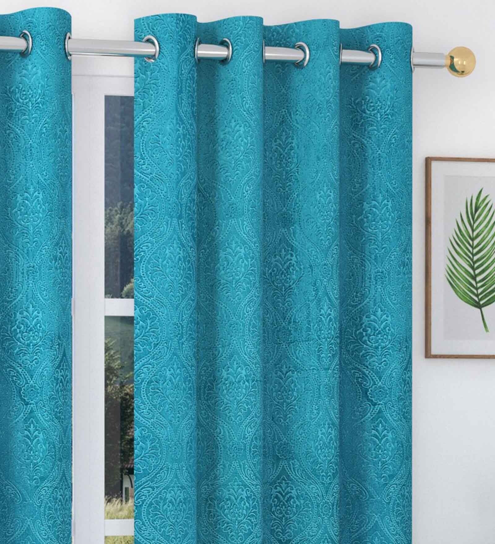 Buy Aqua Floral Velvet 5 Ft Blackout Eyelet Window Curtains (Set of 2) by Exporthub Online