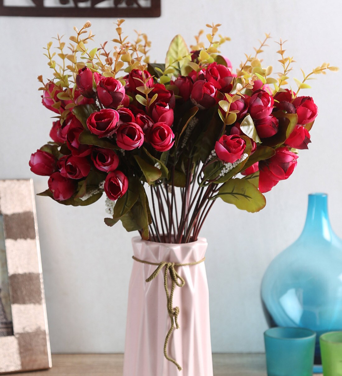 Buy Red Artificial Mini Rose Flower Bunch, Set of 3 by Fourwalls Online Artificial Flowers