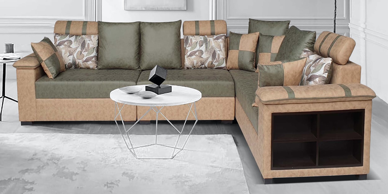 Buy Bolton Corner Sofa with Ottoman in Beige & Green Colour by ARRA Online Corner Sofas