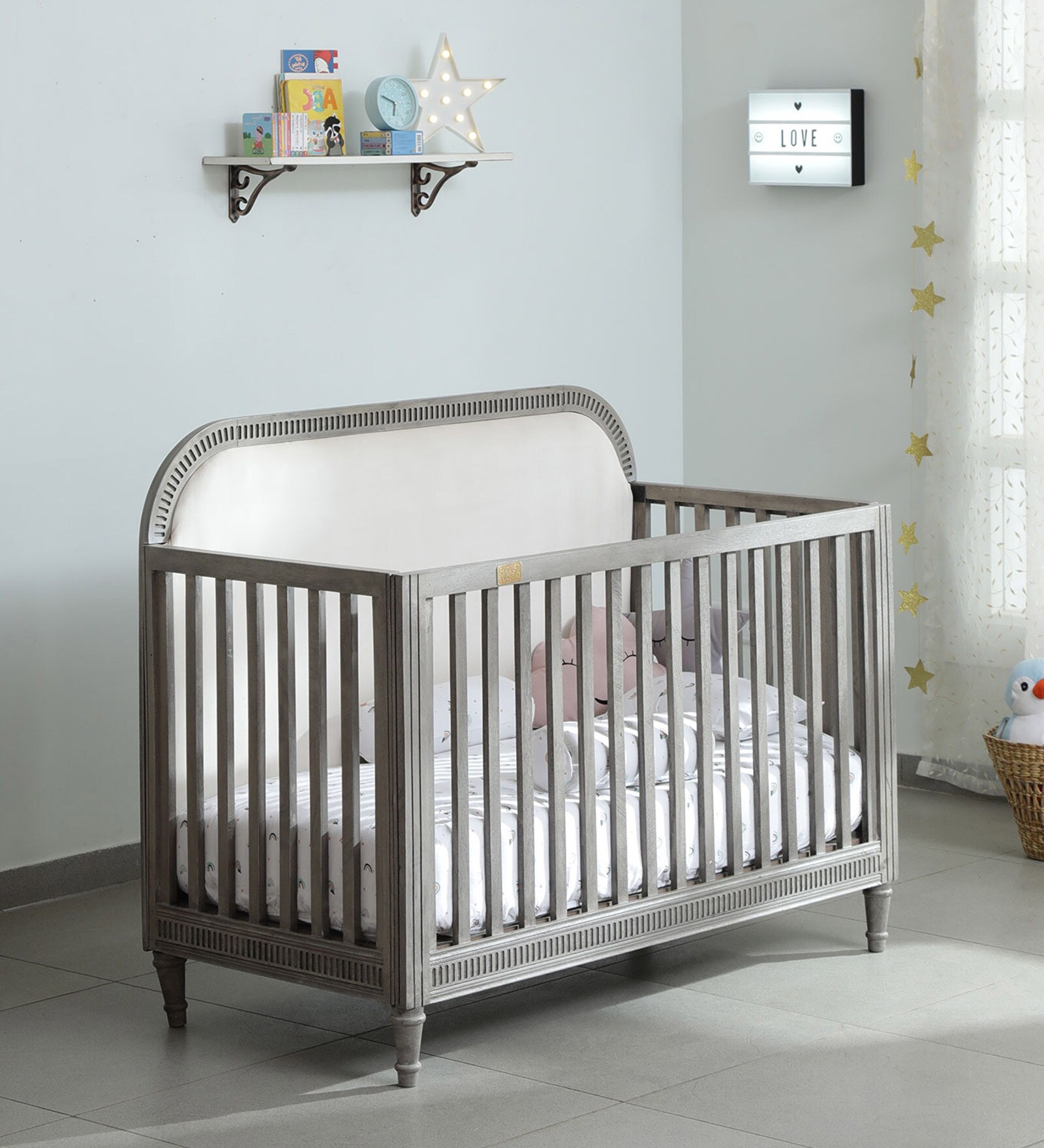Buy Ash Grey Collection Solid Wood Crib in Grey Colour with Headboard