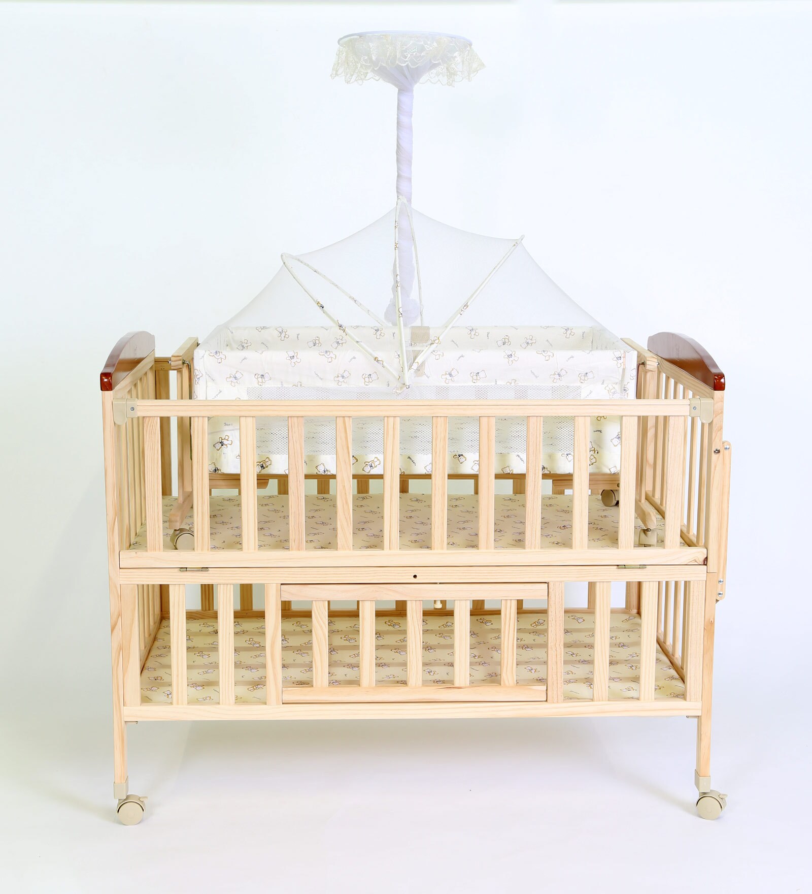 wooden cot with mosquito net