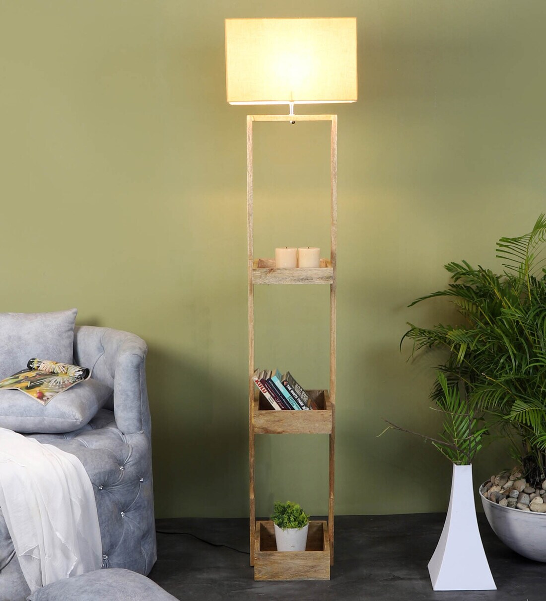 Buy Mordern Beige Iron Shade Shelf Floor Lamp With Wood Base By ...