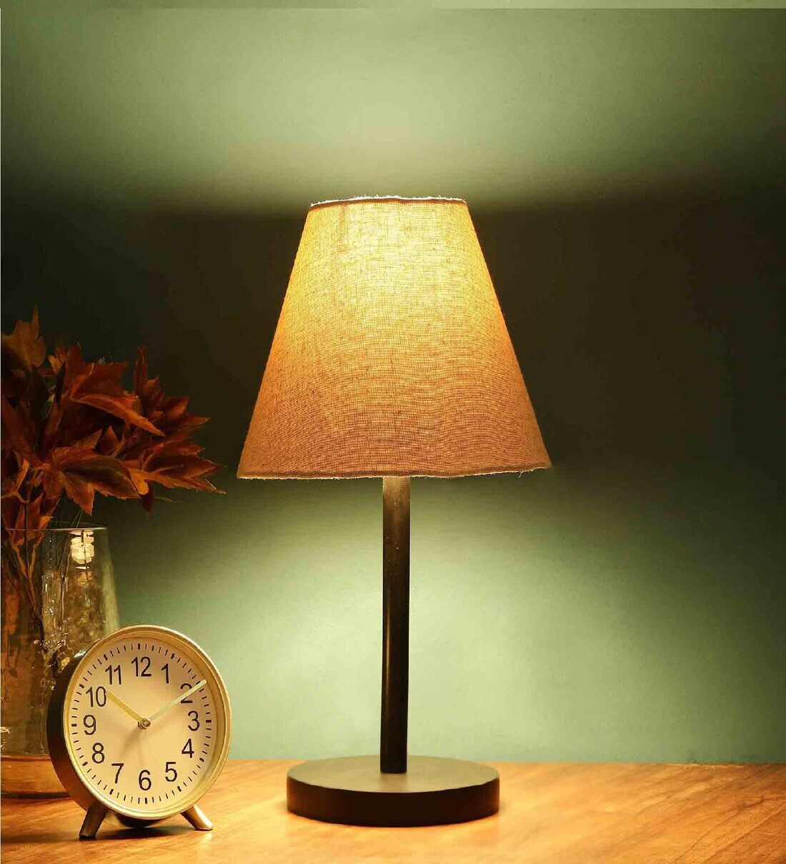 Metal Temple Design Base Table Lamp with Fabric Shade, Beige and Gray main image 0
