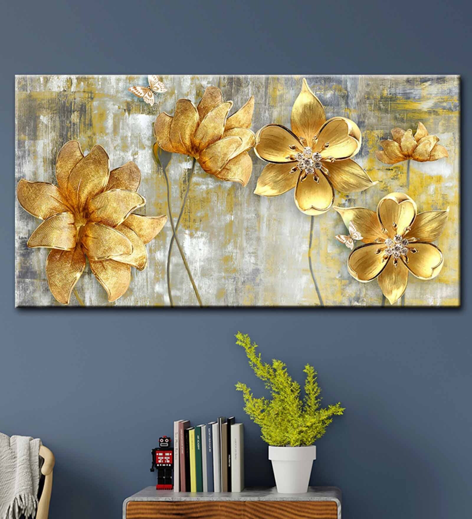 Buy Beautiful Golden Flowers Canvas Printed Painting with Wood Frame by