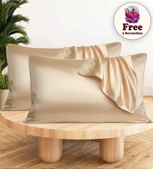 Beige Solid 400 TC Silk 2 Pillow Covers With 3 Scrunchies Free Offers & Cashback