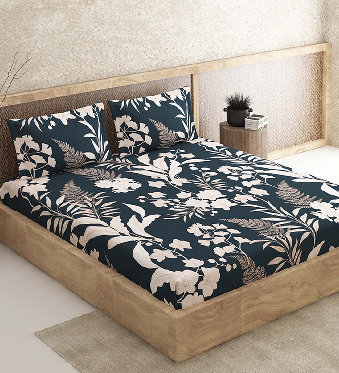Buy Black Floral 210 TC 100 Cotton Queen Sized Bed Sheets with 2