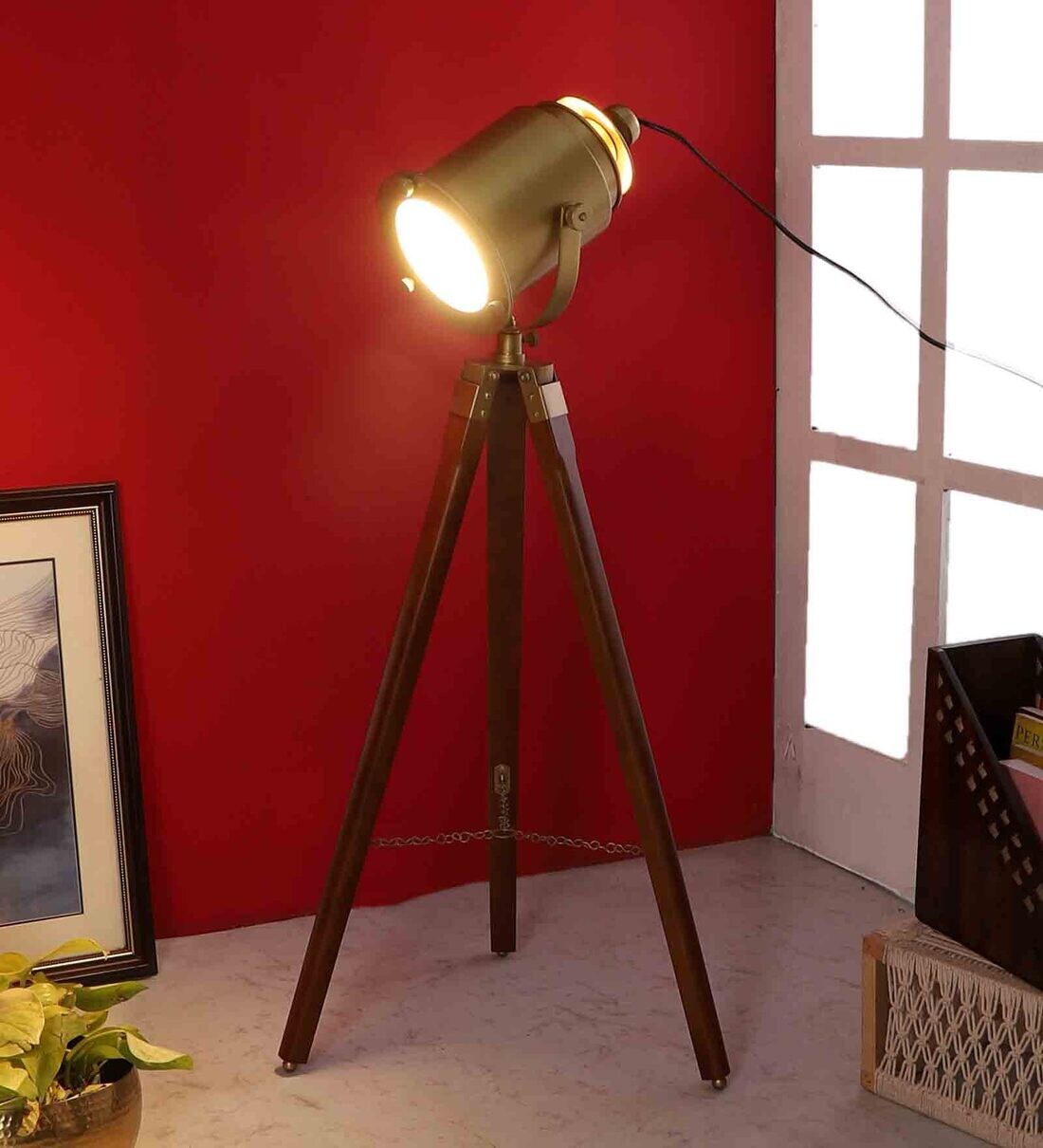 Buy Antique Gold Metal Shade Tripod Floor Lamp With Sheesham Wood Base
