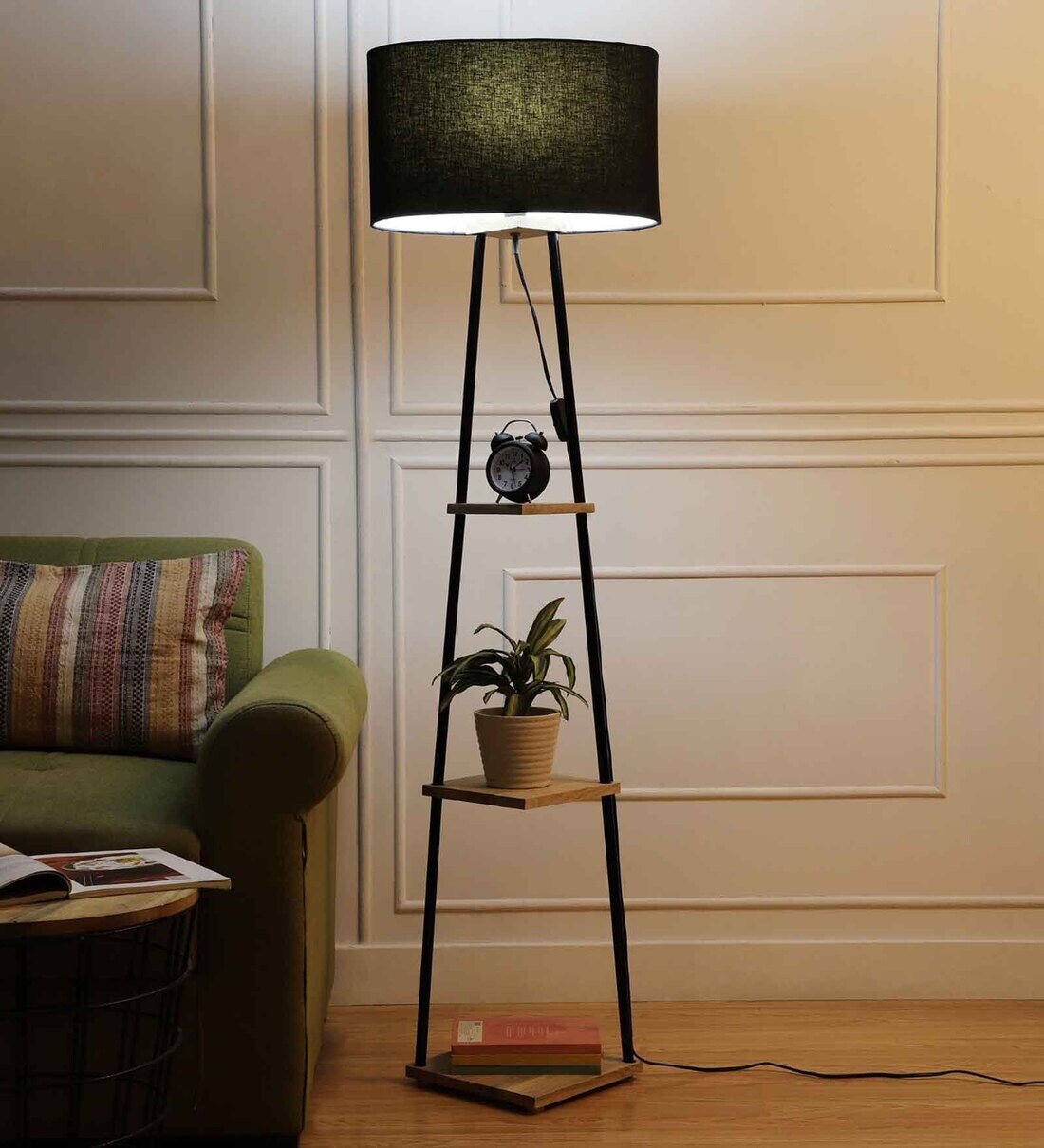 Buy Triad Black Fabric Shade Shelf Floor Lamp With Wood & Metal Base By
