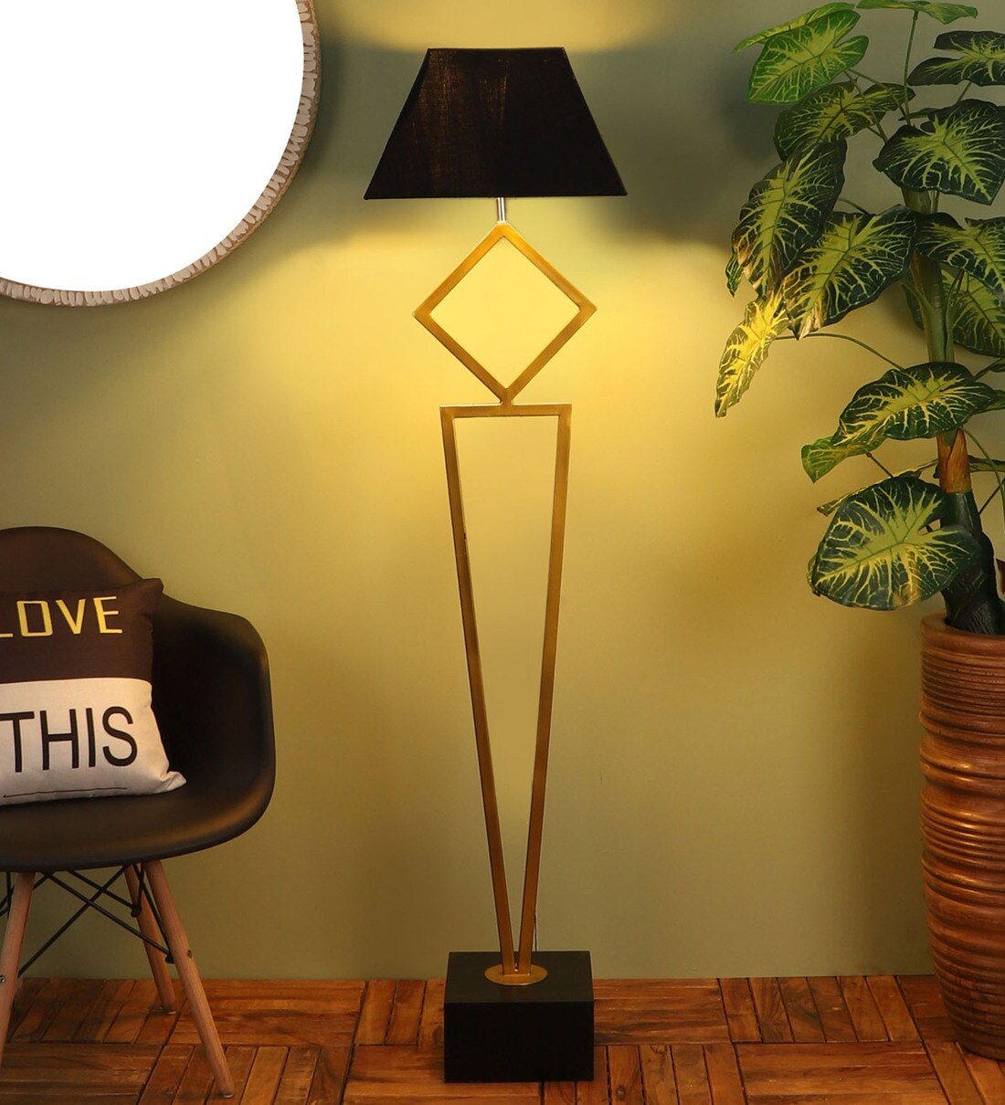 Buy Triune Black Cotton Shade Club Floor Lamp With Mango wood Base By