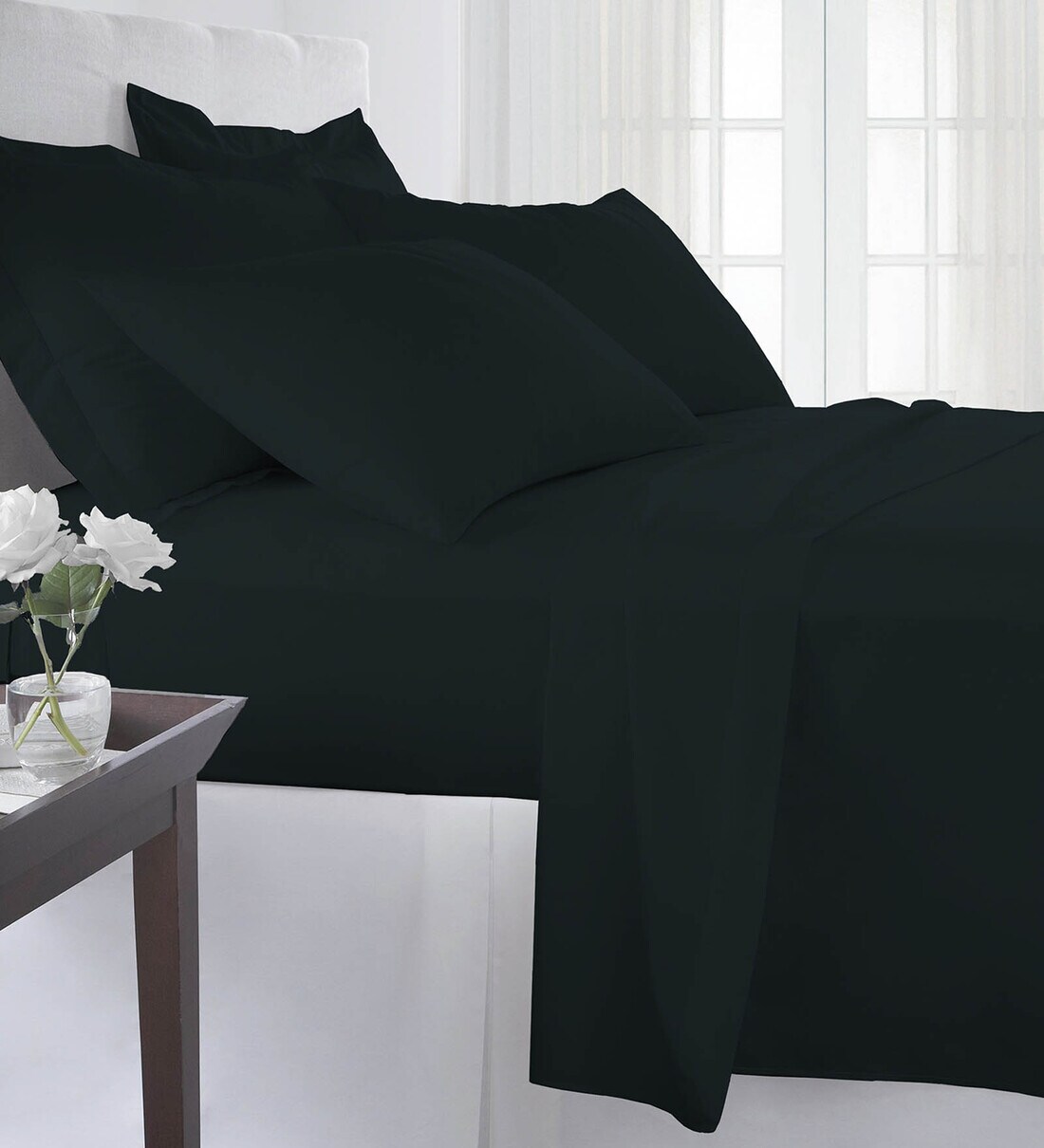Buy Black Solid TC 400 Cotton Queen Size Fitted Bedsheet With 2 Pillow cover by Pizuna at 100