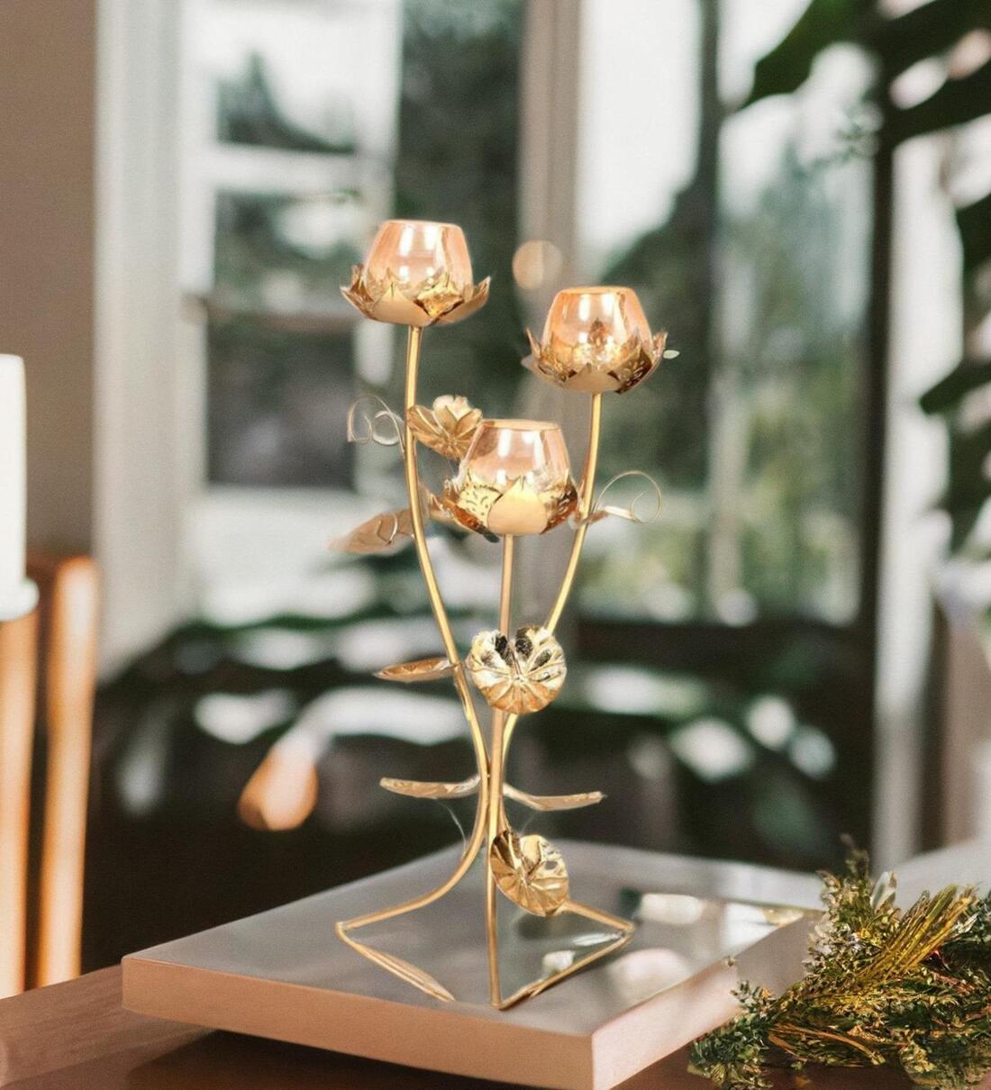 Buy Blossom Gold Metal & Glass Candle Holder With 3 Lotus by home at 6