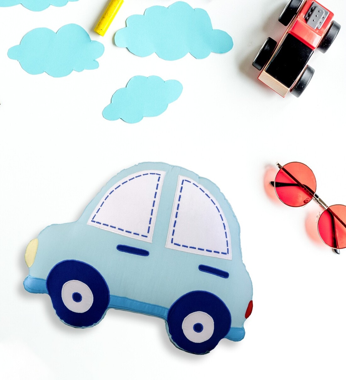 Buy Blue Poly Cotton Car Shaped Pillow by Monkinz Online Shaped