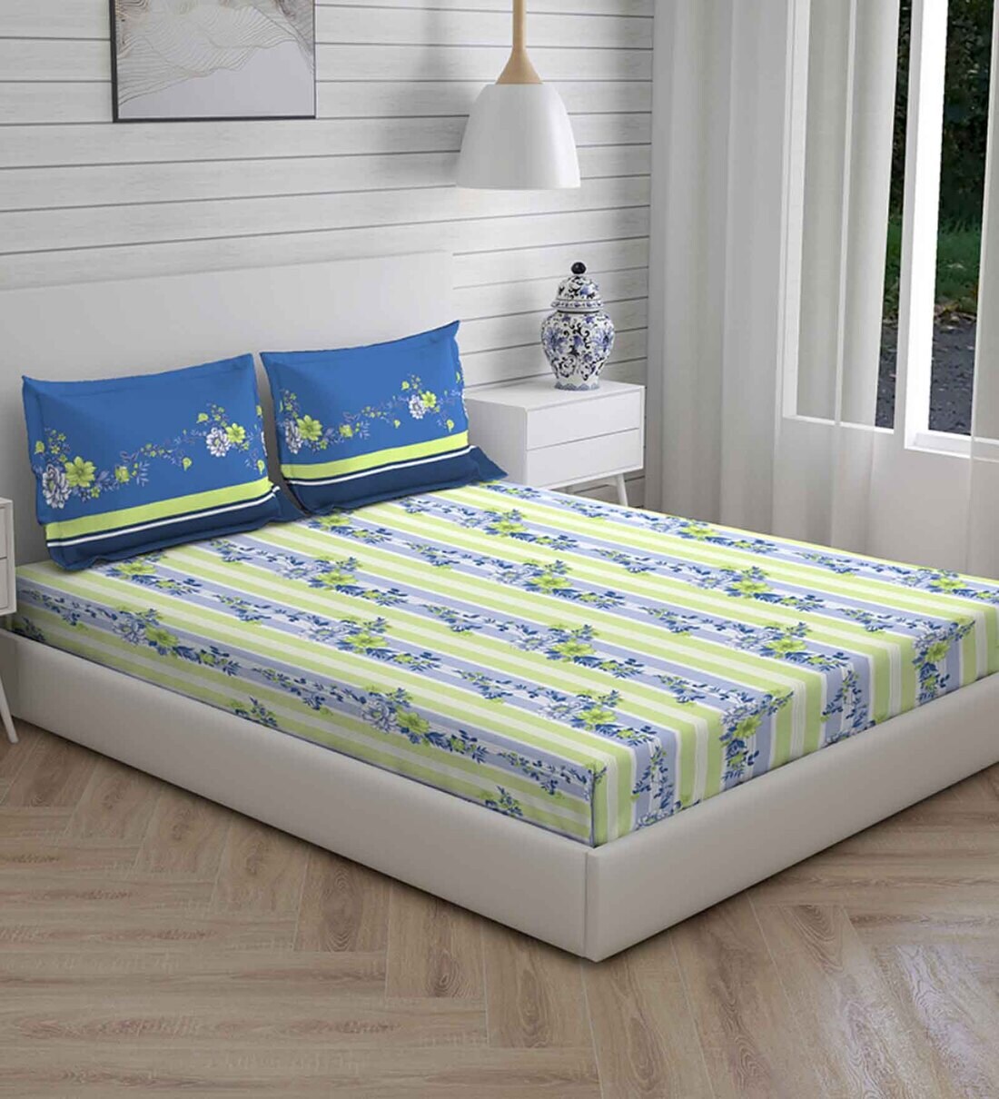 Buy Blue Floral 104 TC Cotton Queen Sized Bed Sheets with 2 Pillow Covers by Layers at 48 OFF