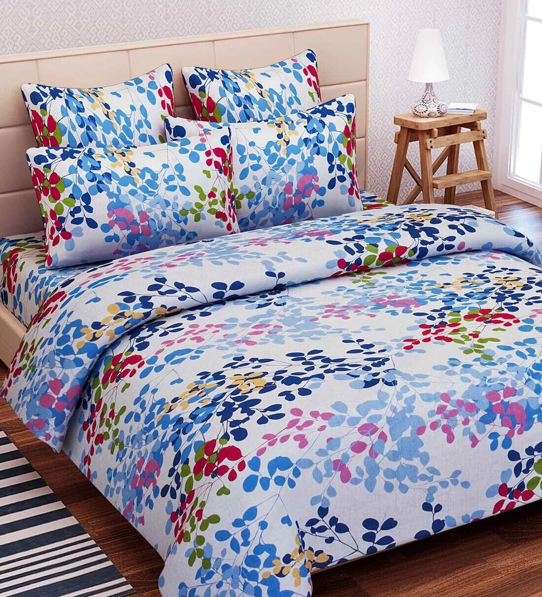 Buy Blue Floral 144 TC Cotton 1 Double Bedsheet with 2 Pillow Covers by