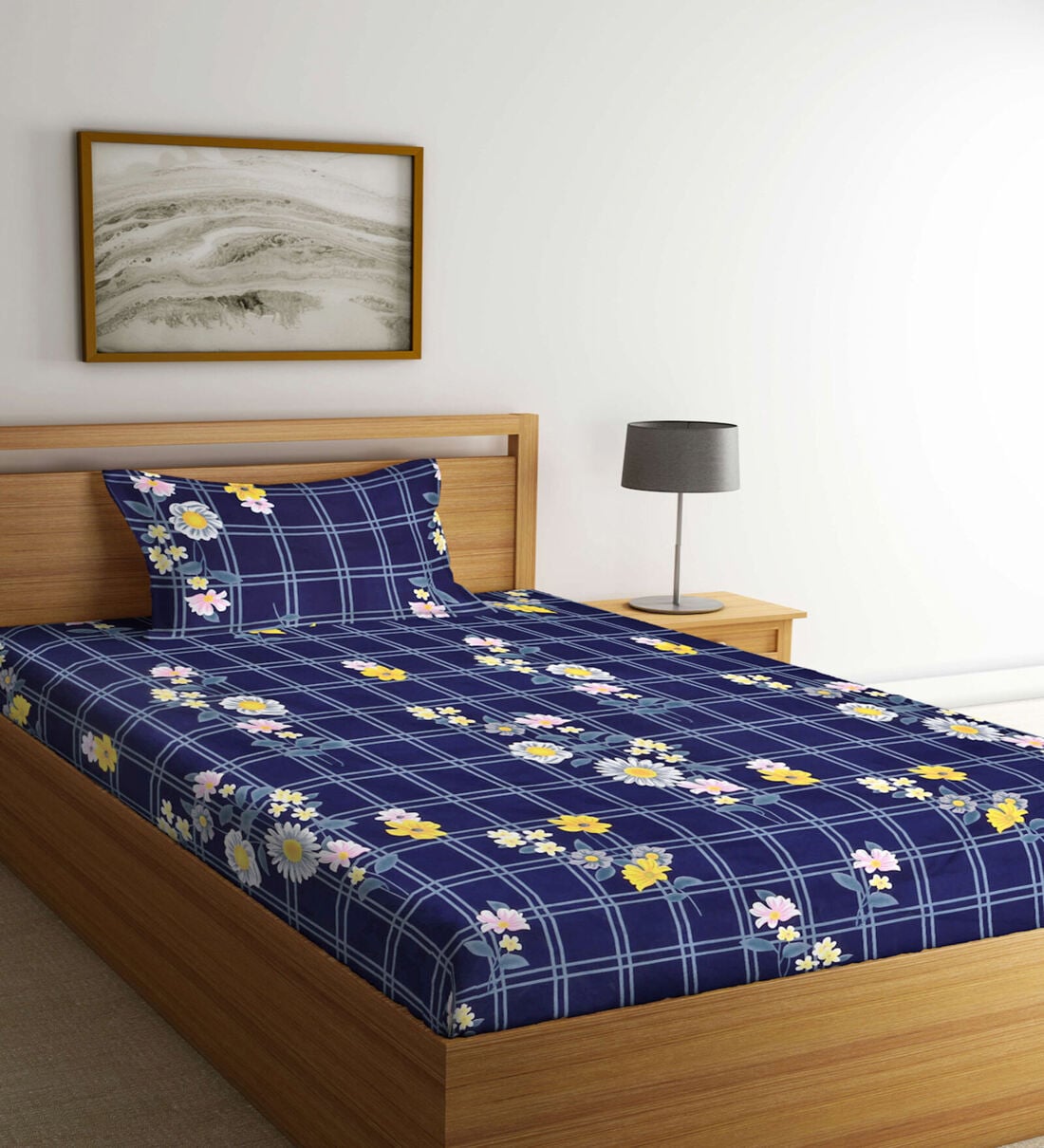Buy Blue Floral 210 TC Poly Cotton Single Bed Sized Bed Sheets With 1 Pillow Cover by Fabinaliv