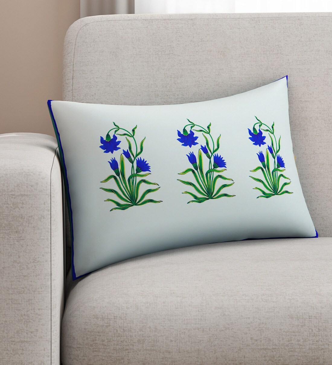 Buy Blue Floral Poly Cotton 18 x 12 Inches Cushion Cover by SEJ By