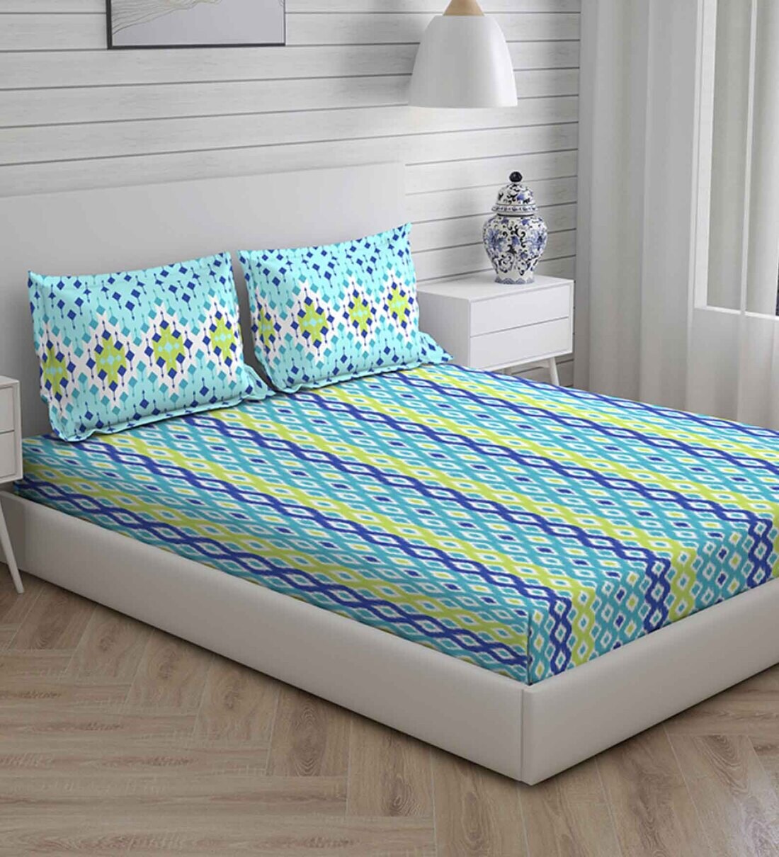 Buy Blue Traditional 104 TC Cotton Queen Sized Bed Sheets with 2 Pillow