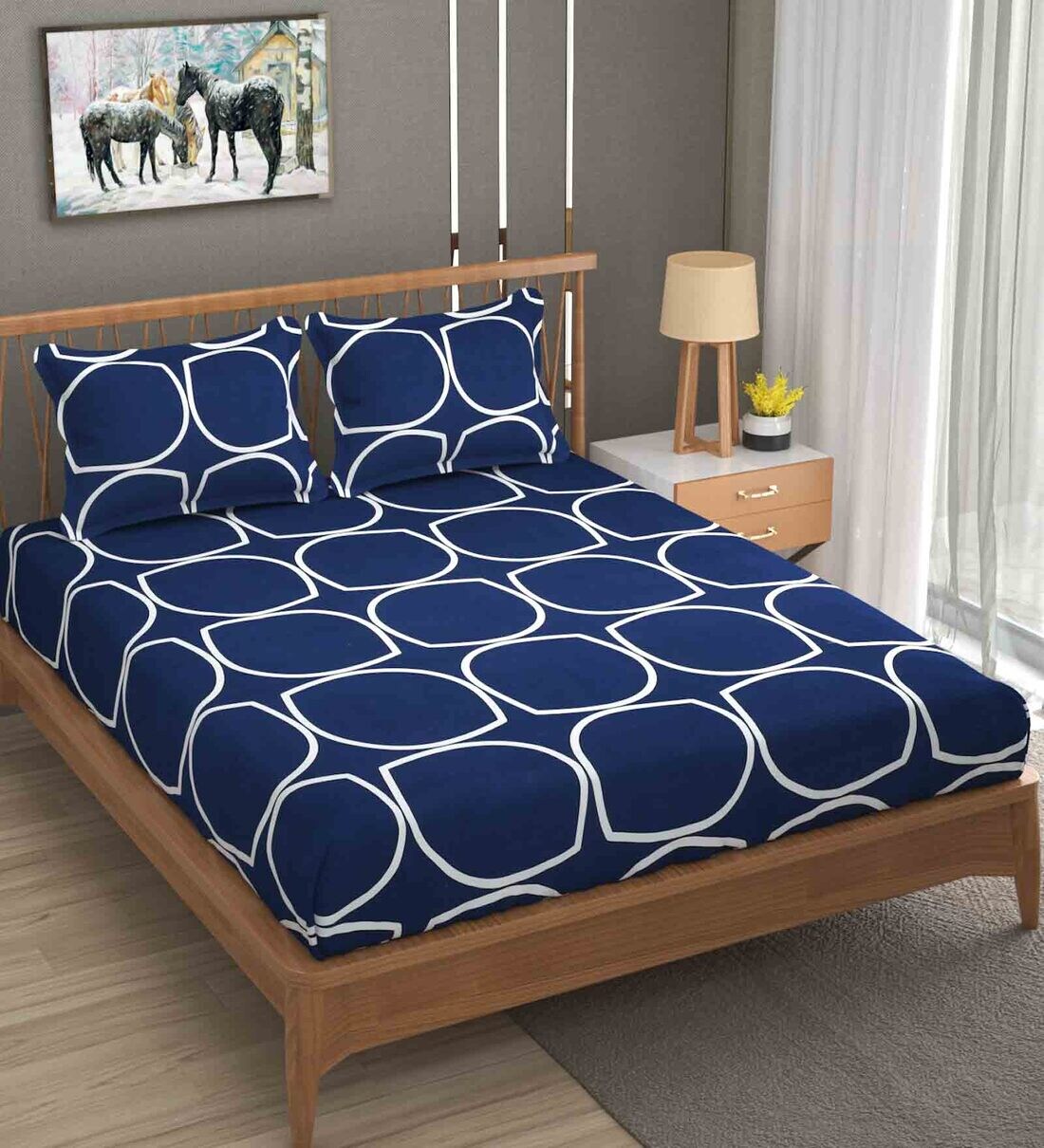 Buy Blue Geometric 300 TC Cotton Blend Fitted Queen Bedsheet with 2 Pillow Covers by YaAkholic
