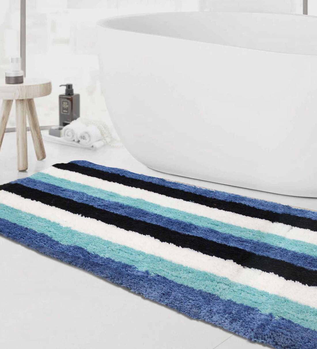 Buy Blue Geometric Microfibre 36x24 Inches AntiSkid Bath Mat by Luxe