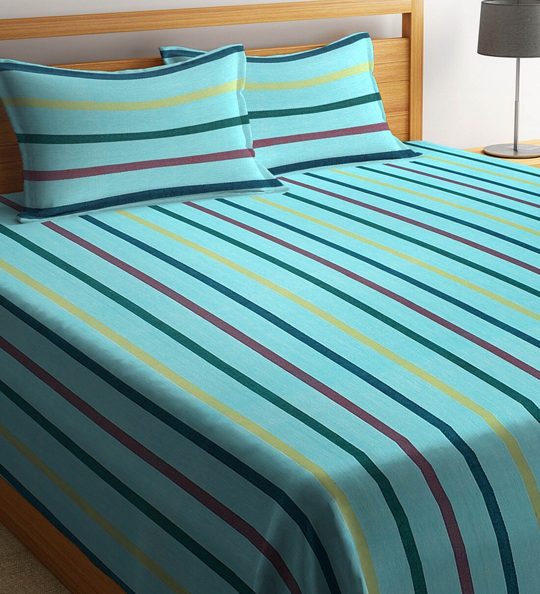 Buy Blue Stripe Cotton Double 300 TC Bed Cover With 2 Pillow Covers by