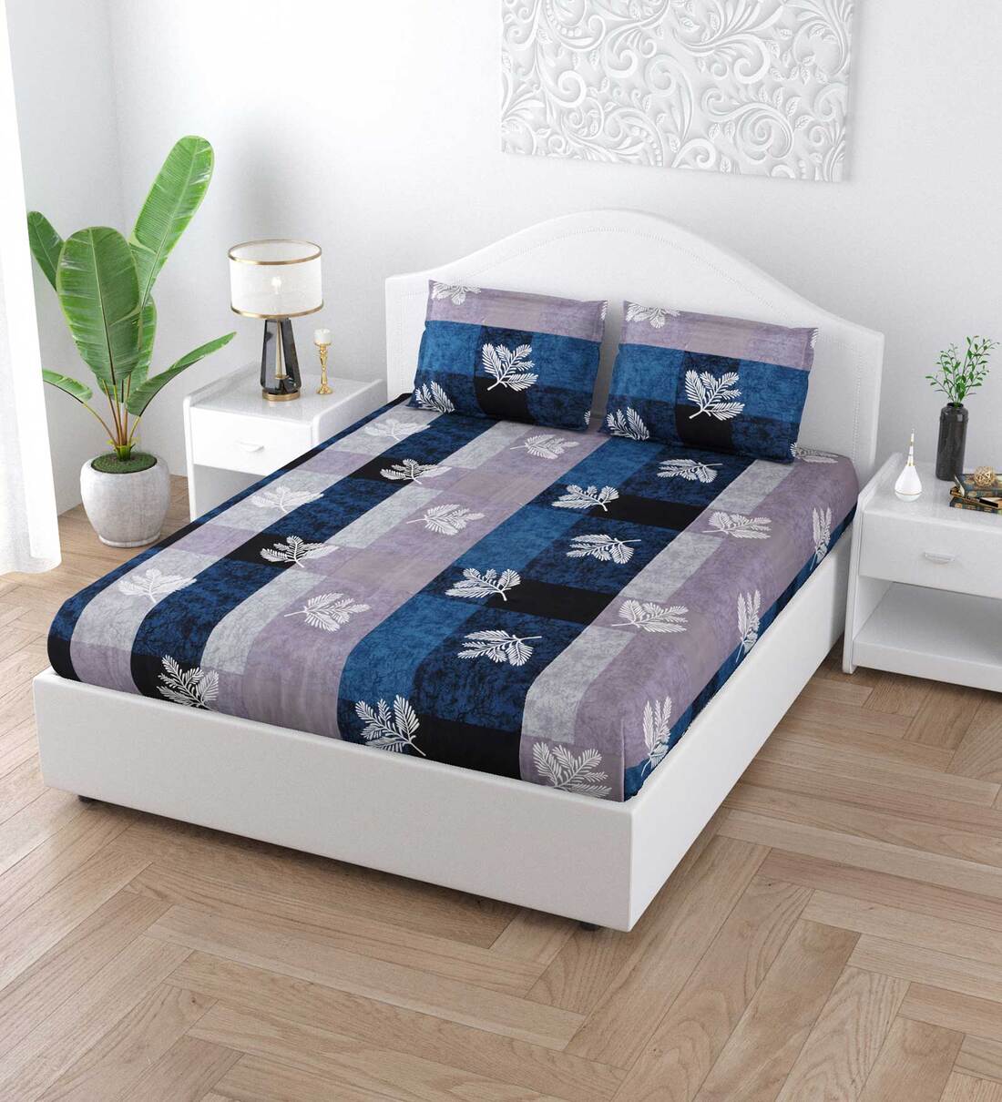 Buy Blue Floral 150 TC Cotton Queen Sized Bed Sheets with 2 Pillow