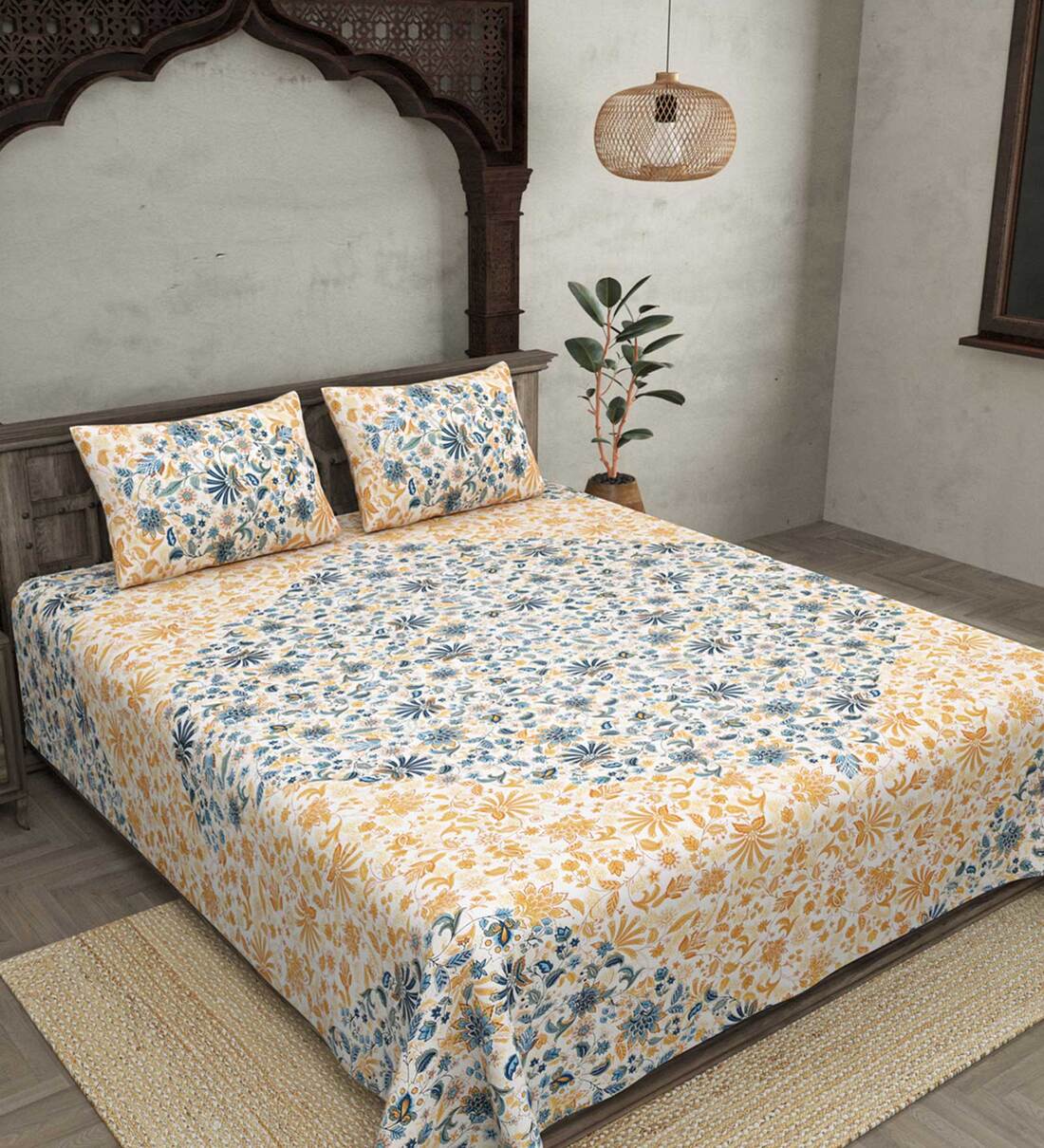Buy Blue Floral 180 TC Cotton Queen Sized Bed Sheets with 2 Pillow