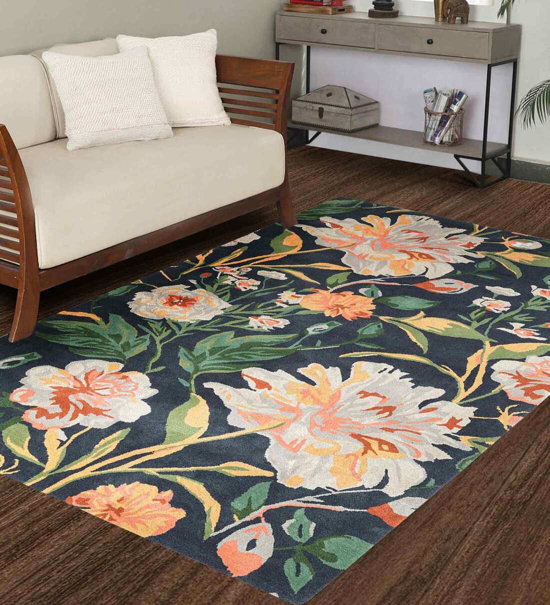 Buy Navy Blue Wool Floral 6 x 9 Feet Hand Tufted Carpet by OBEETEE ...